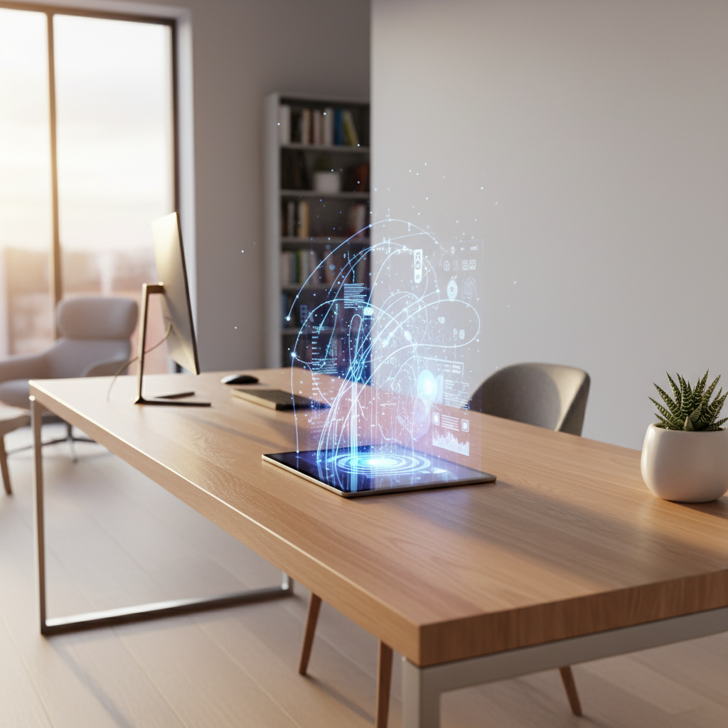Escritorio de madera con una tableta que proyecta hologramas de datos digitales y una planta decorativa.