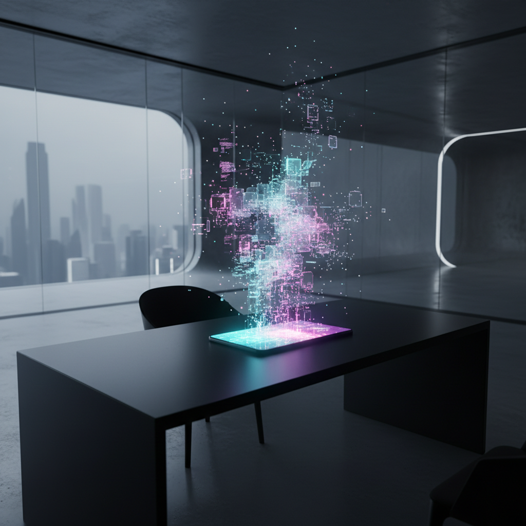 Proyección holográfica de datos y tecnología digital sobre una mesa en una oficina moderna con vistas a la ciudad.