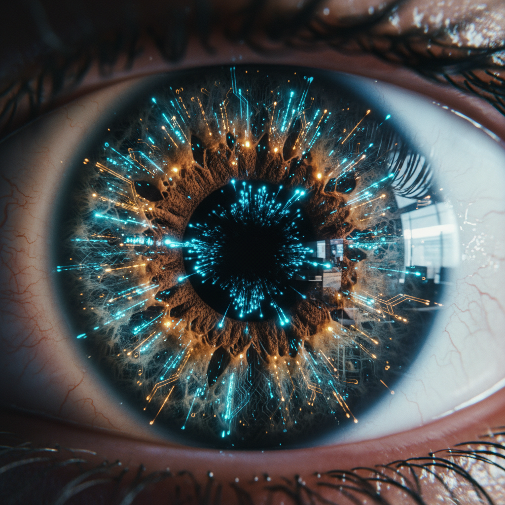 Primer plano de un ojo humano con un iris digital que emite luz azul y patrones de circuitos tecnológicos.
