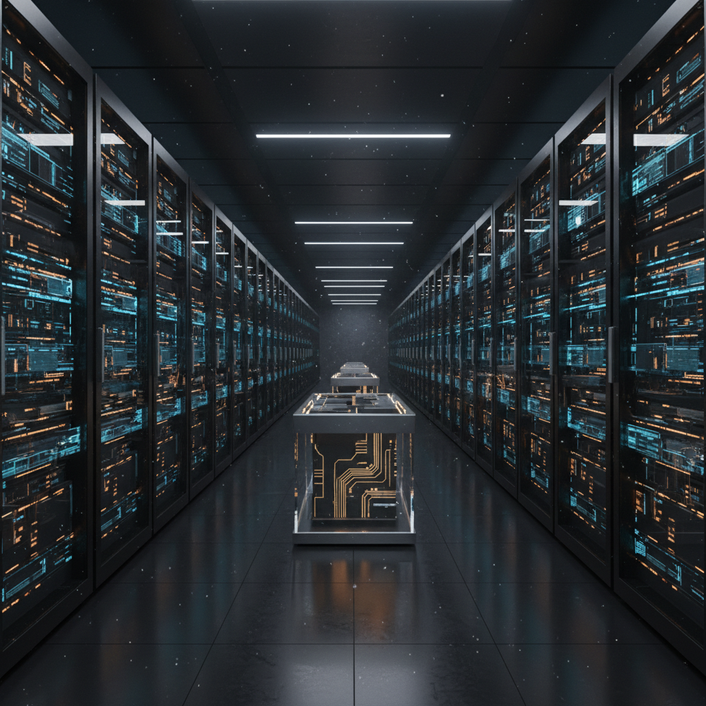 Pasillo de un centro de procesamiento de datos con filas de servidores iluminados y procesadores centrales en el suelo.