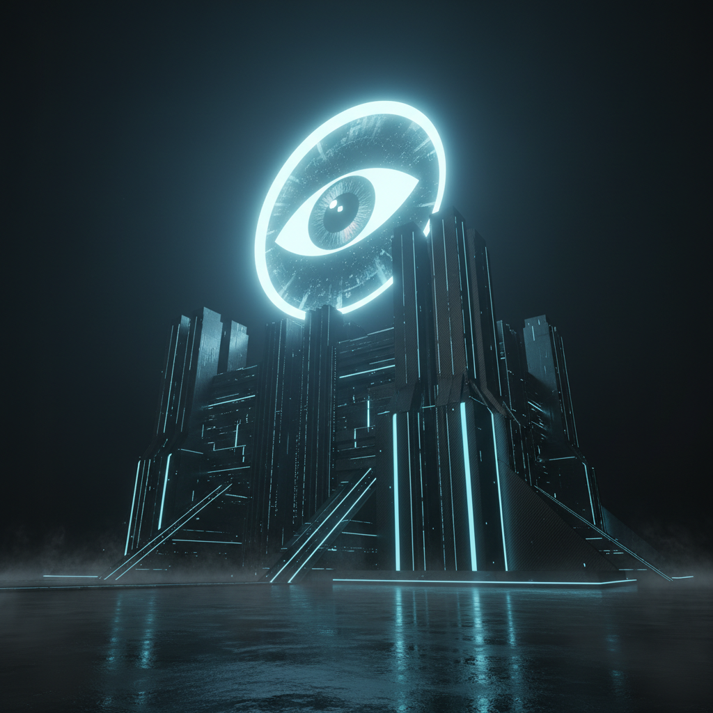 Estructura arquitectónica futurista de estilo ciberpunk con forma de fortaleza y un gran símbolo de ojo iluminado con luz azul neón en la parte superior.