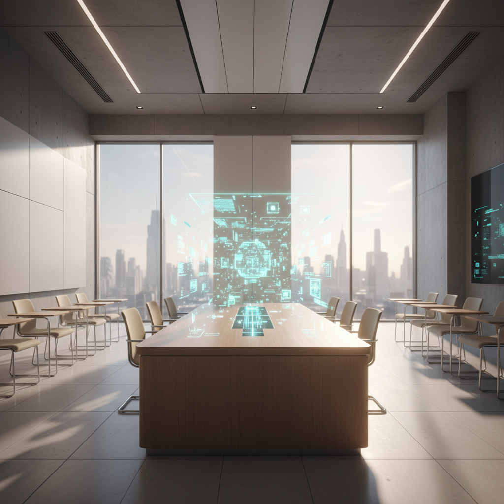 Sala de juntas moderna con una mesa de madera central, sillas minimalistas y una proyección holográfica de datos sobre la superficie, frente a un ventanal con vistas a un centro financiero.