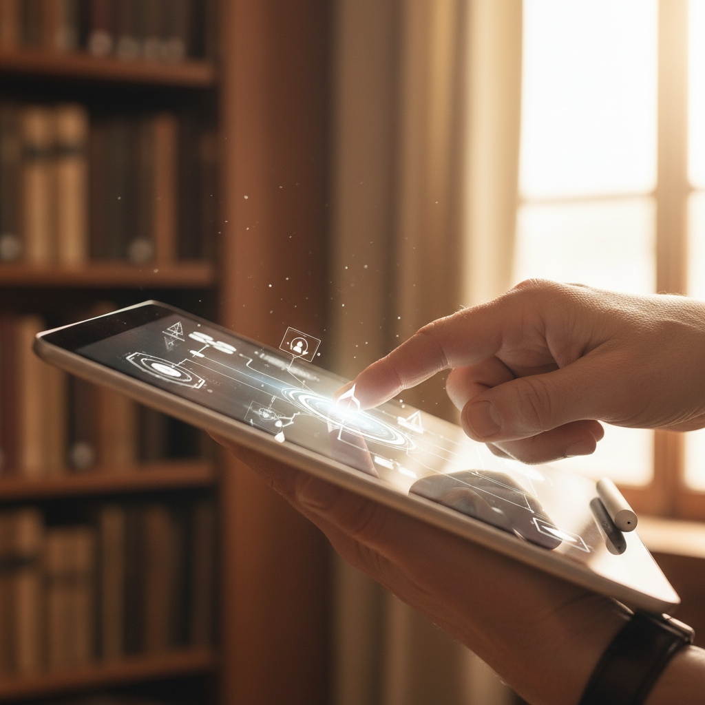 Mano utilizando una interfaz digital holográfica sobre una tableta en una biblioteca.
