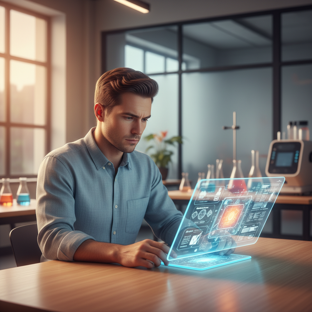 Científico trabajando con una interfaz de datos holográfica en un laboratorio moderno.