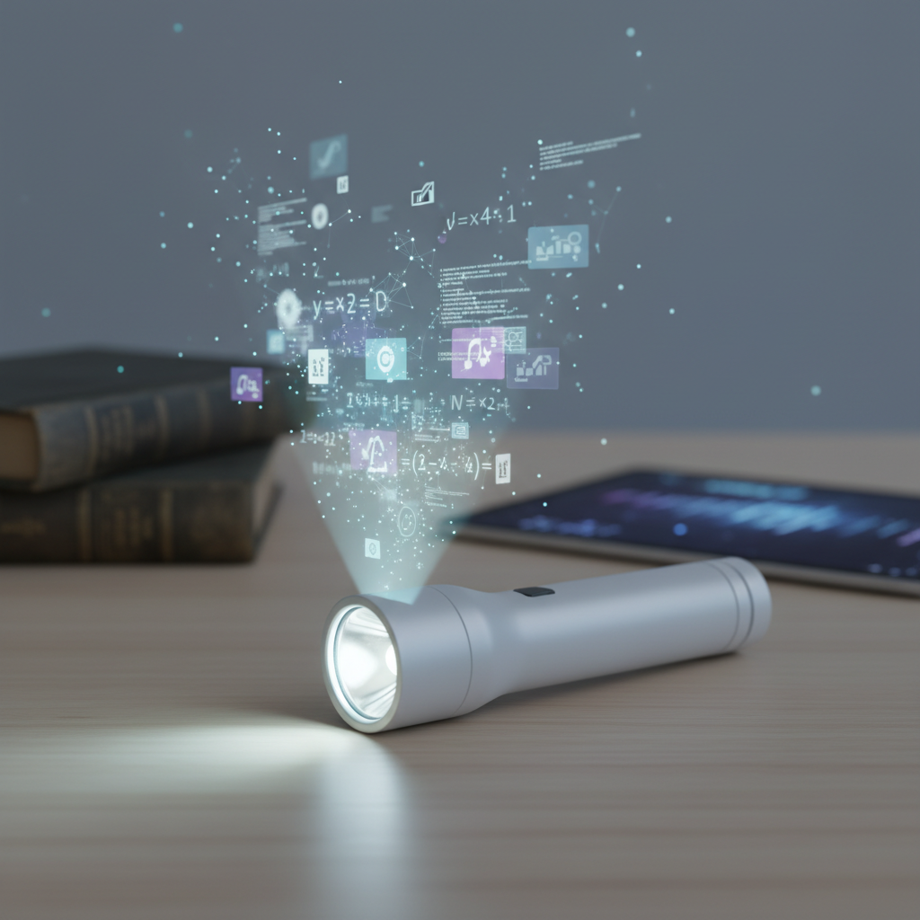 Una linterna plateada proyectando hologramas digitales con fórmulas matemáticas, iconos y datos sobre una mesa de madera.