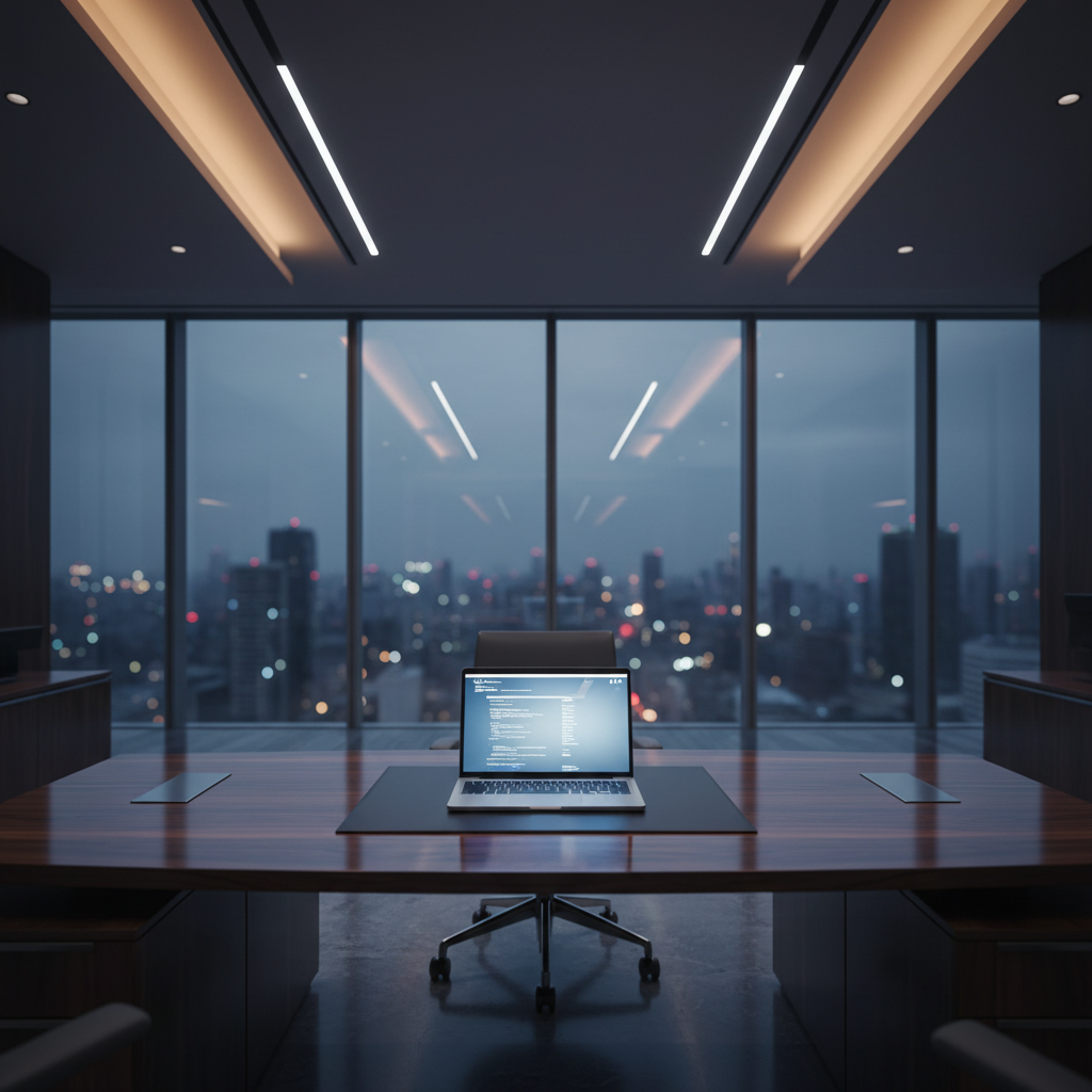 Computadora portátil abierta mostrando código sobre un escritorio de madera en una oficina moderna frente a un horizonte urbano nocturno.