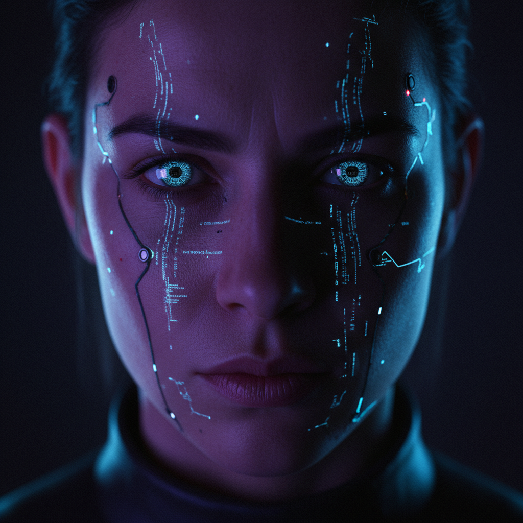 Primer plano de un rostro femenino de estilo cibernético con circuitos luminosos digitales en la piel y ojos brillantes.