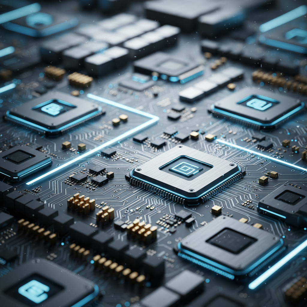 Primer plano detallado de una placa de circuito impreso con microprocesadores y conexiones iluminadas en azul.