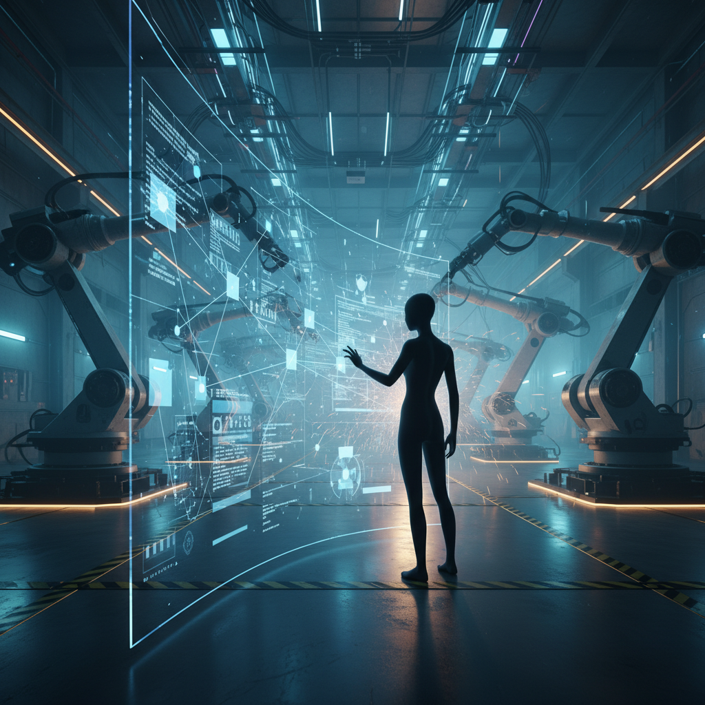 Figura humanoide interactuando con una interfaz holográfica de datos en una fábrica automatizada con brazos robóticos industriales.