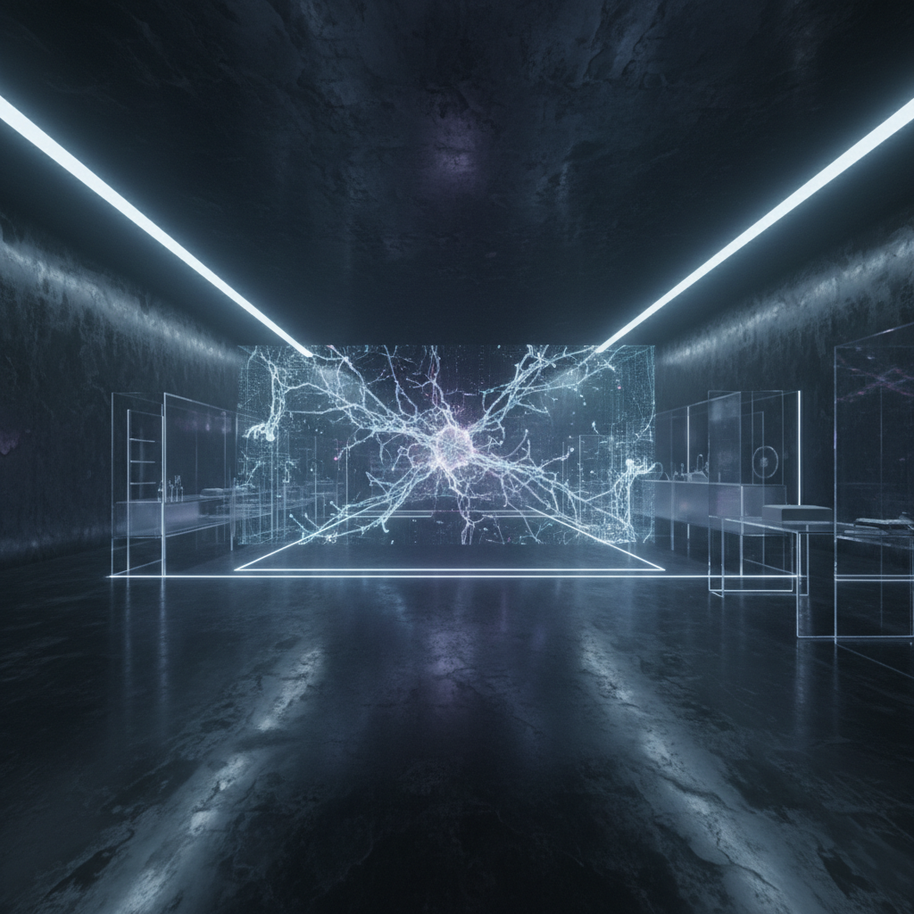 Representación digital brillante de una red neuronal en el centro de una sala minimalista de paredes oscuras con iluminación lineal.