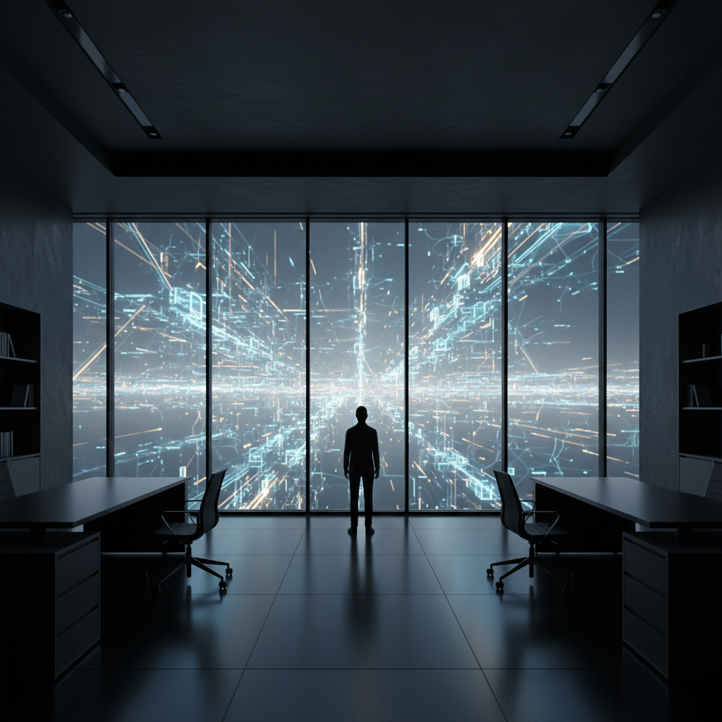 Silueta de una persona de pie frente a un ventanal observando una representación digital de datos y redes globales.