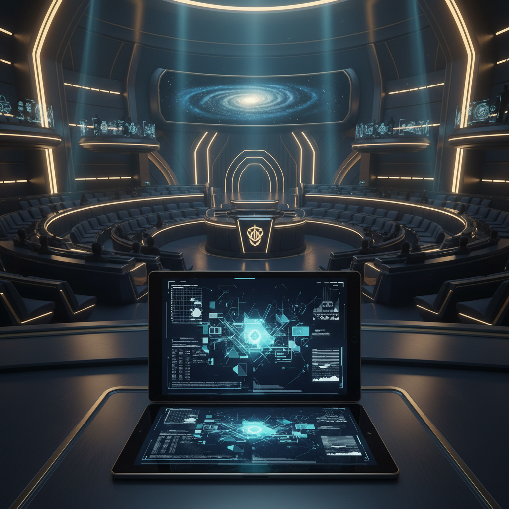 Tableta con interfaz futurista de datos en primer plano frente a un gran auditorio con pantallas holográficas y representación de una galaxia.