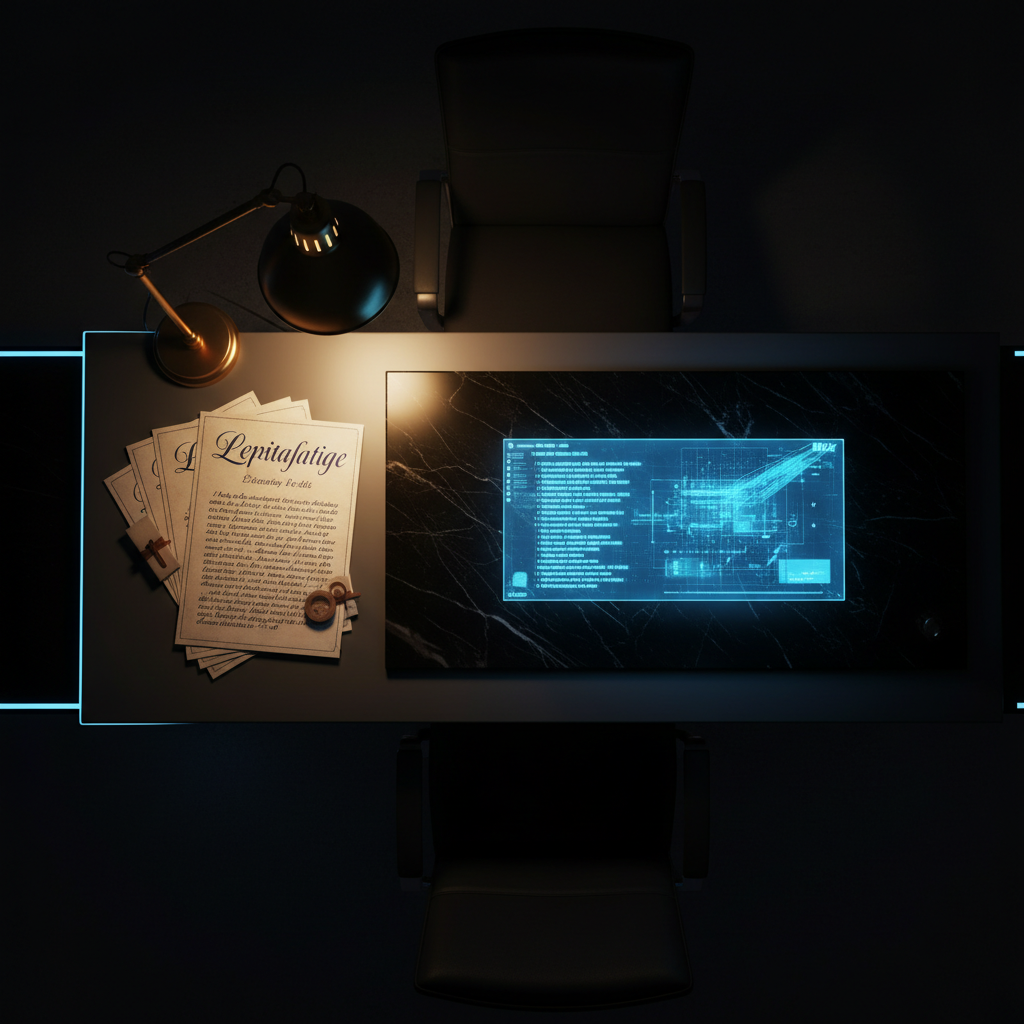 Escritorio de oficina moderno con vista superior que muestra documentos antiguos junto a una interfaz digital holográfica proyectada sobre una mesa de mármol negro.