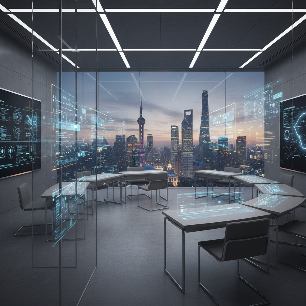 Sala de juntas corporativa con tecnología holográfica avanzada y ventanales con vistas panorámicas al skyline de Shanghái al atardecer.