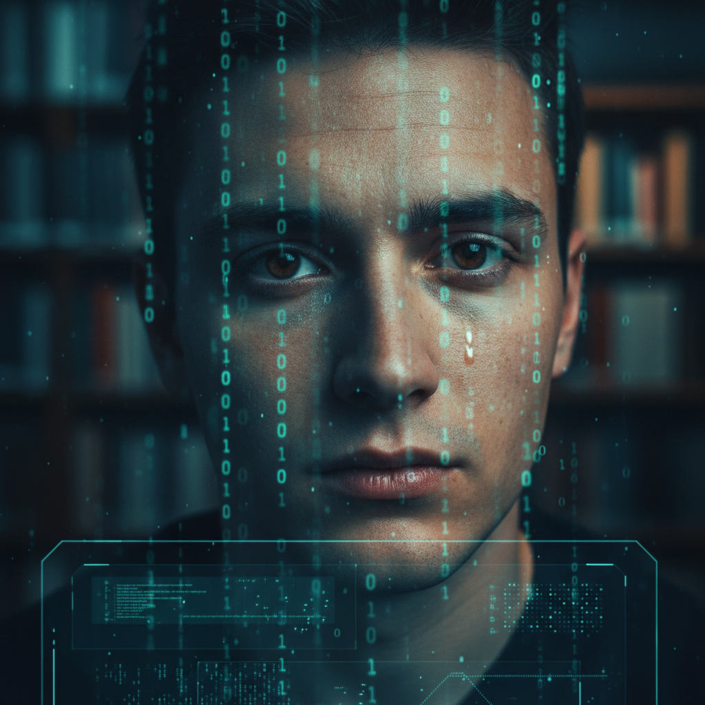 Joven mirando de frente con efectos visuales de código binario y una interfaz digital superpuesta en su rostro.