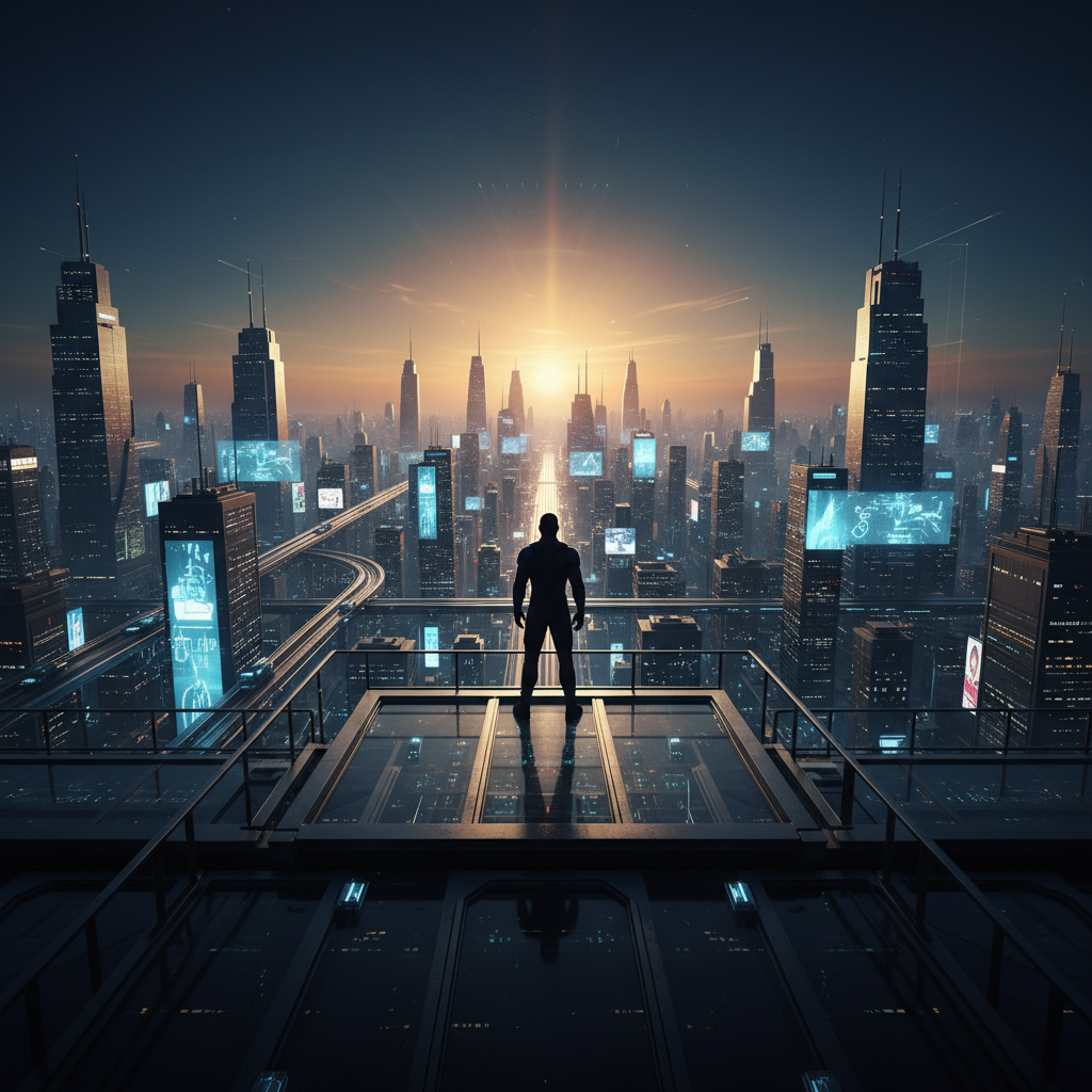 Persona de pie sobre una plataforma de cristal observando una ciudad futurista con rascacielos iluminados durante el amanecer.