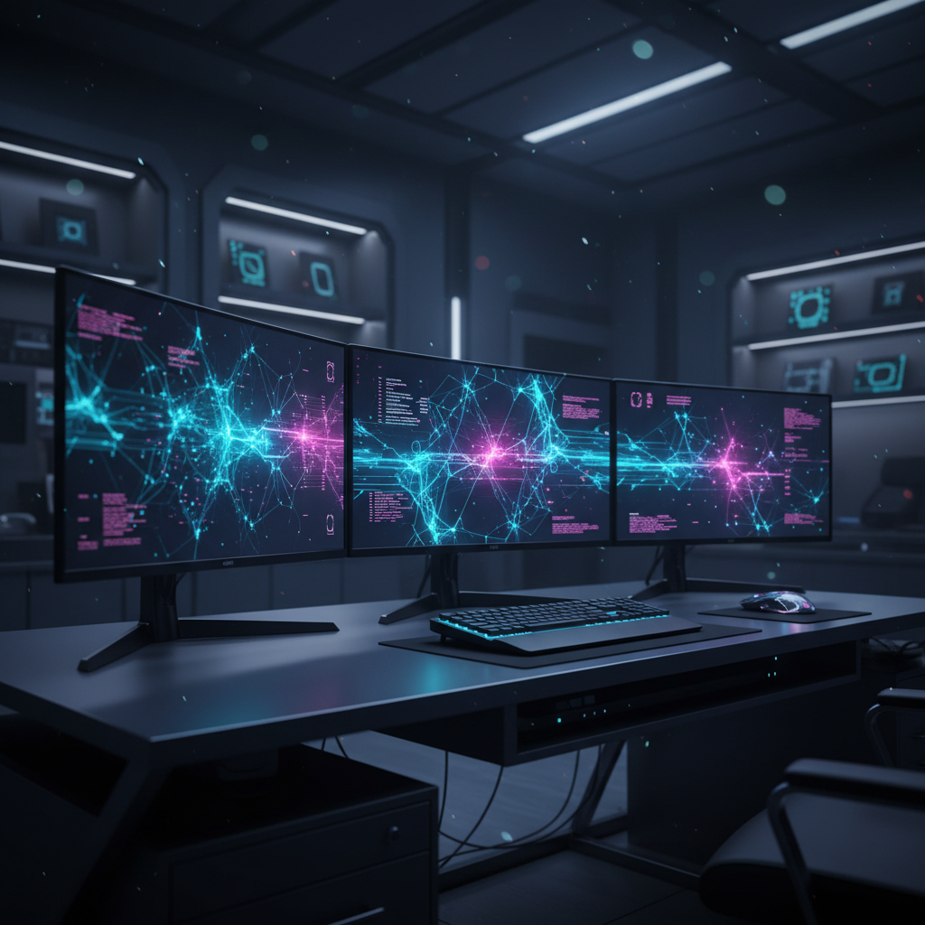 Un escritorio de trabajo moderno con tres monitores que muestran gráficos de redes neuronales y datos digitales en una oficina oscura.