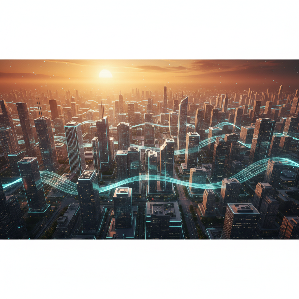 Vista aérea de una ciudad futurista al atardecer con estelas de luz digital interconectando los rascacielos.