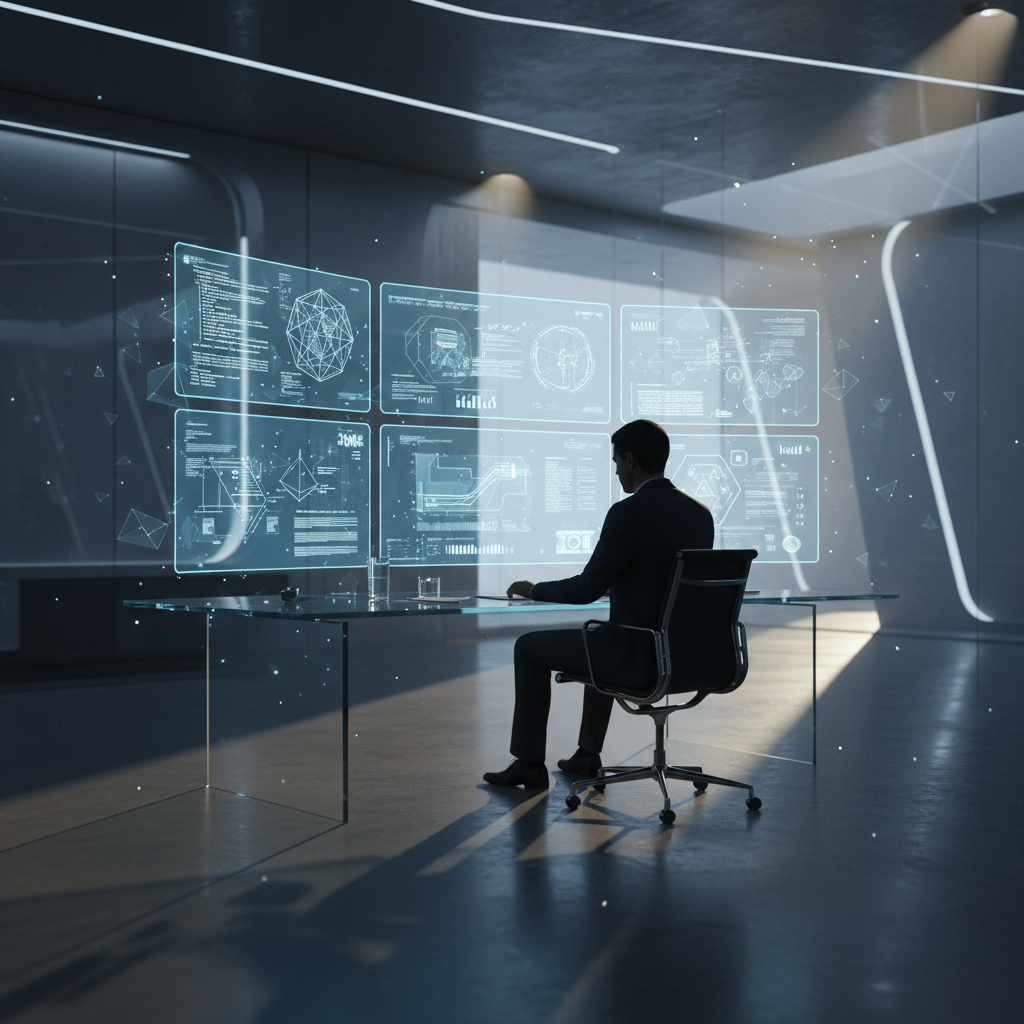 Ejecutivo en traje sentado frente a una mesa de cristal trabajando con interfaces holográficas de datos en una oficina moderna.
