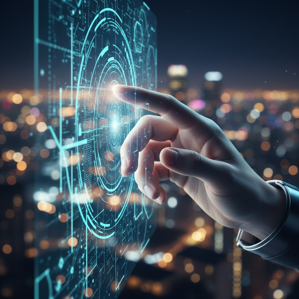 Mano de persona interactuando con una interfaz holográfica digital sobre un fondo de ciudad iluminada de noche.
