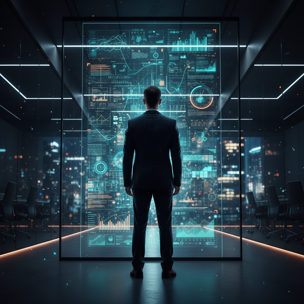 Ejecutivo de negocios frente a una pantalla holográfica gigante con gráficos y datos analíticos en una oficina moderna.