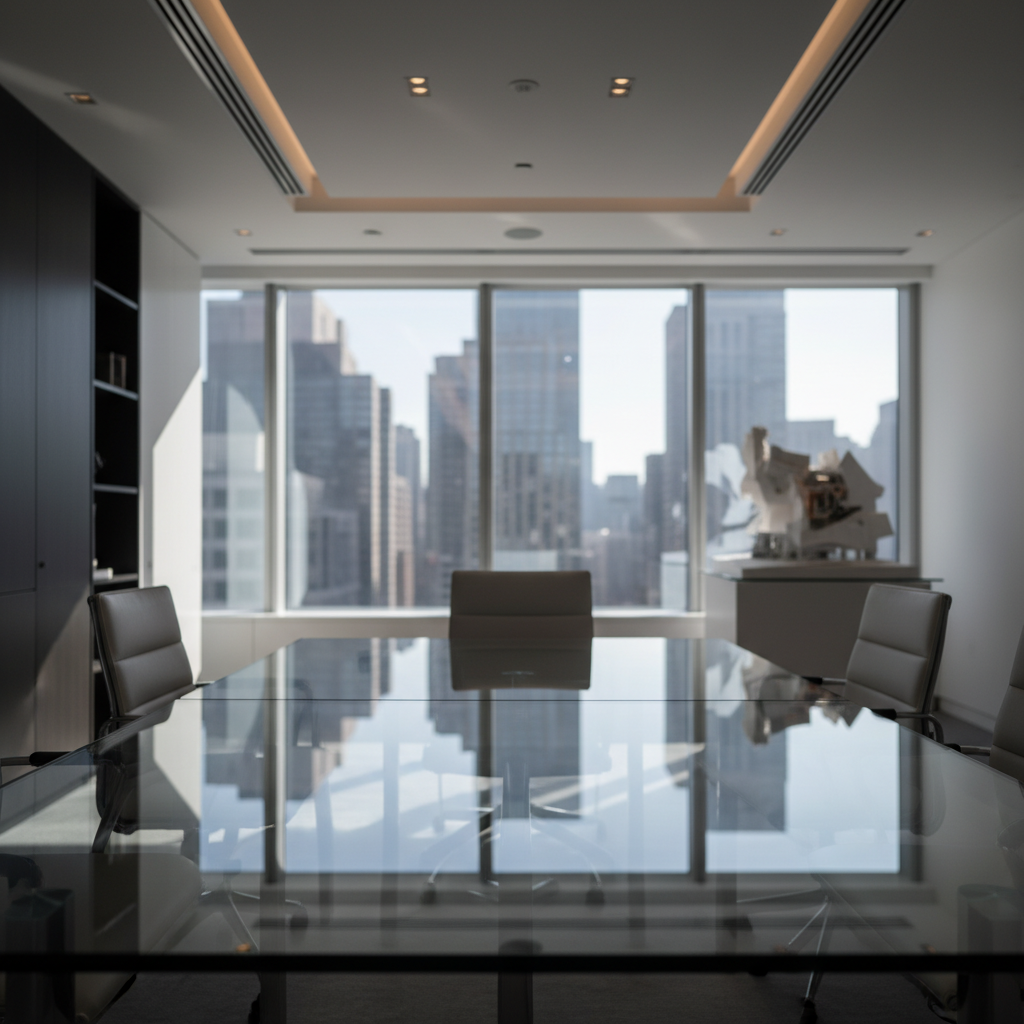 Sala de juntas moderna con mesa de cristal y vistas a rascacielos.