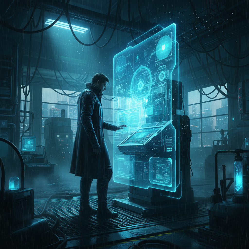 Un hombre con gabardina interactúa con una interfaz holográfica digital en un laboratorio industrial oscuro y futurista bajo la lluvia.