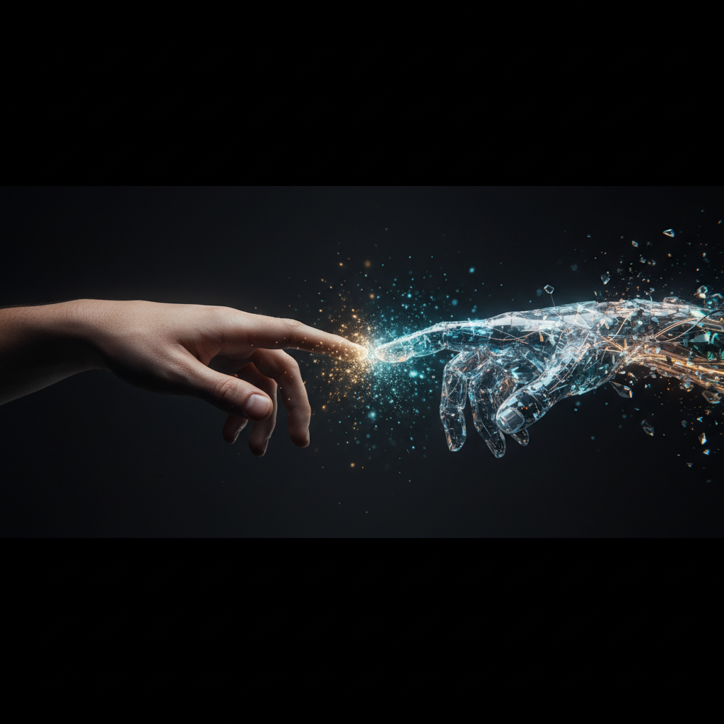 Una mano humana y una mano robótica hecha de cristal y circuitos digitales tocándose la punta de los dedos en un fondo oscuro con partículas brillantes.