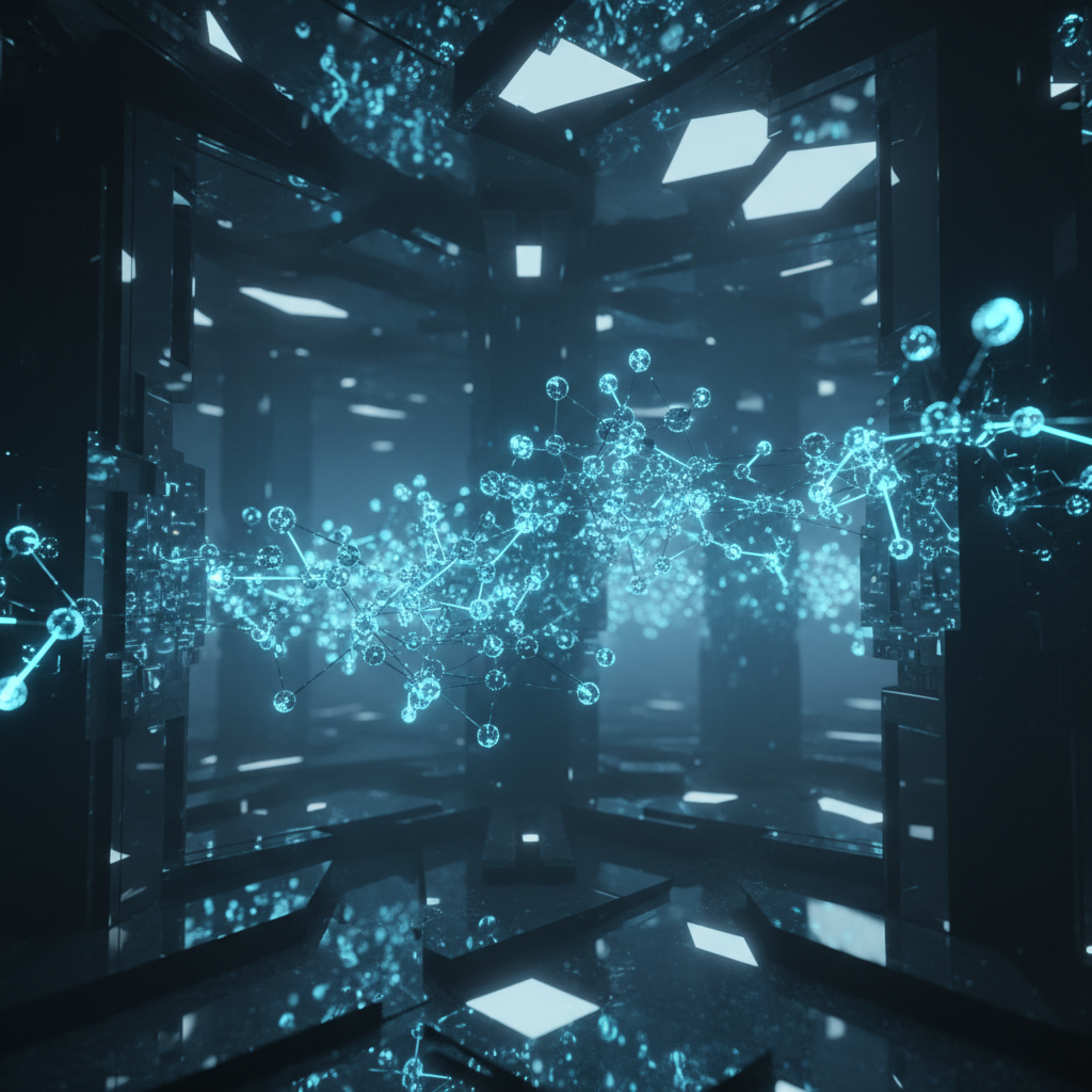 Estructura molecular luminosa de color cian suspendida en un entorno futurista de arquitectura digital.
