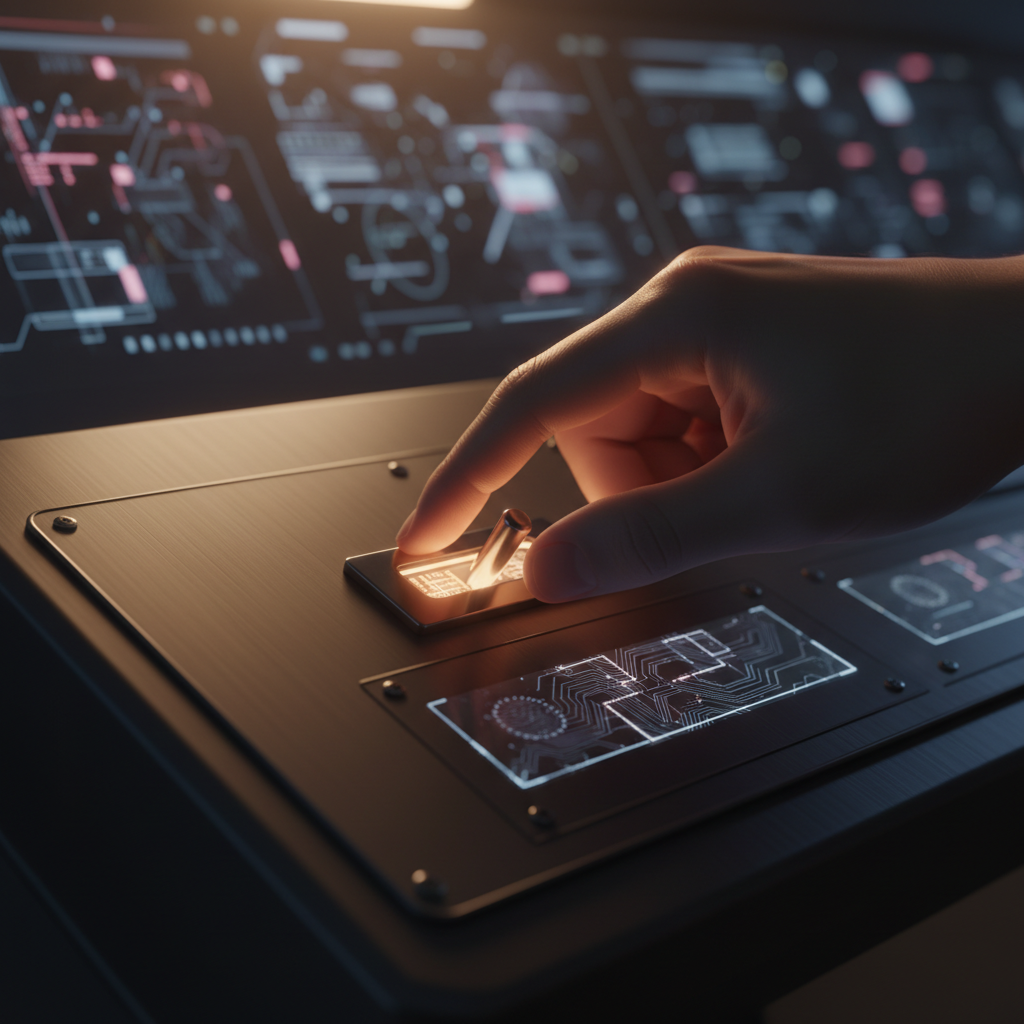 Mano humana interactuando con un interruptor metálico en un panel de control futurista con pantallas digitales.