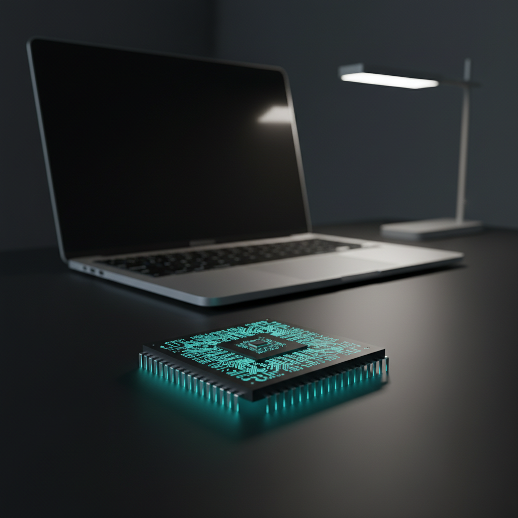 Microchip con circuitos iluminados en azul sobre una mesa junto a un ordenador portátil y una lámpara.