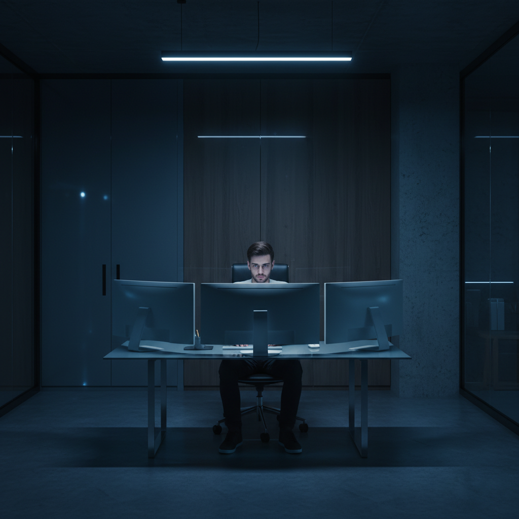 Un hombre trabajando frente a tres monitores en una oficina moderna y oscura con iluminación azul.