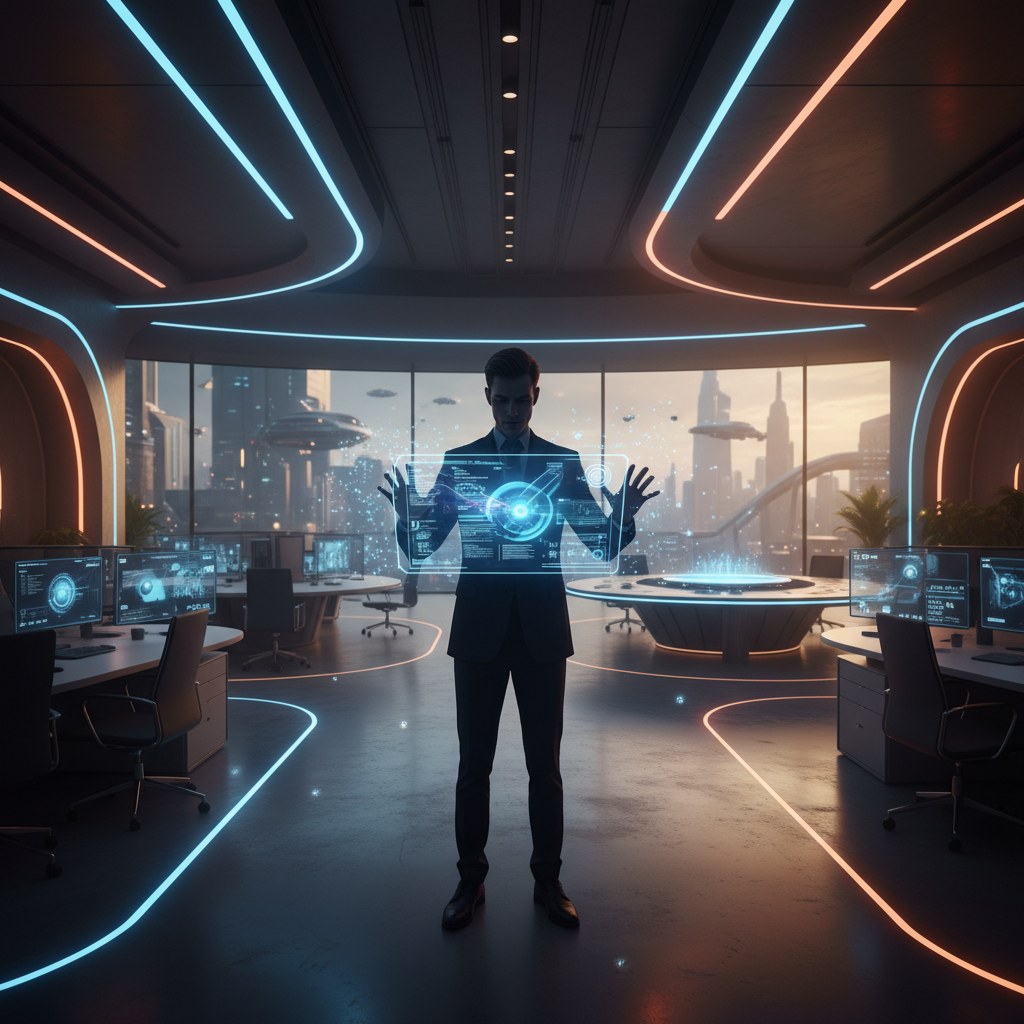 Un hombre de negocios vestido de traje interactúa con una interfaz holográfica digital en una oficina moderna con vista a una ciudad futurista.