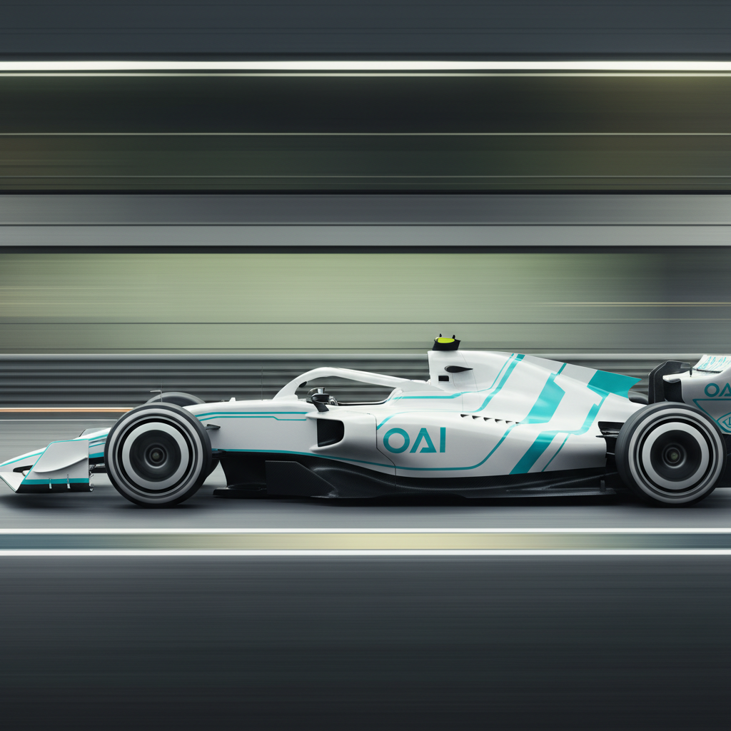 Coche de carreras de Fórmula 1 de color blanco y turquesa circulando a alta velocidad en un circuito.