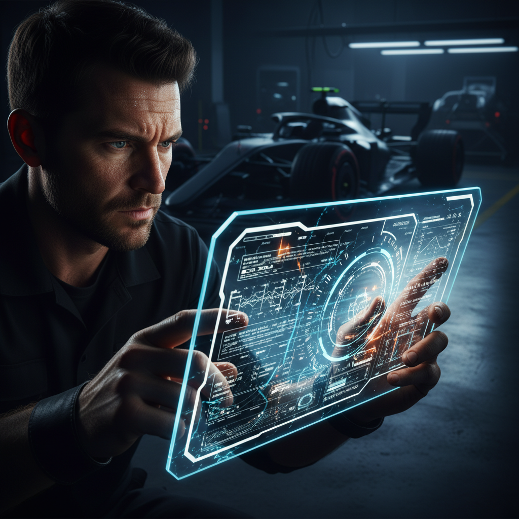 Ingeniero de automovilismo analizando datos de telemetría en una pantalla holográfica frente a un coche de carreras en el garaje.