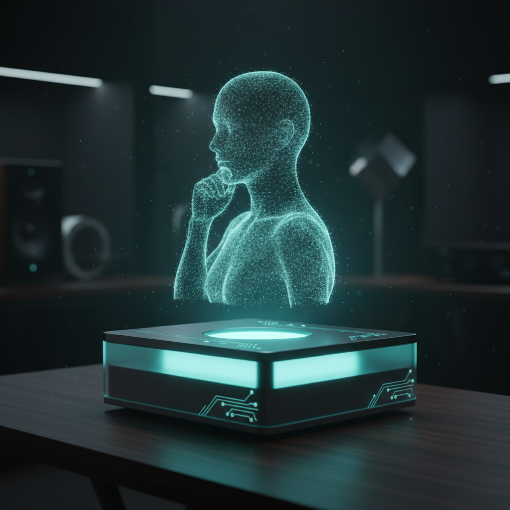 Representación holográfica de una figura humana hecha de puntos de luz sobre una base electrónica iluminada en un escritorio.