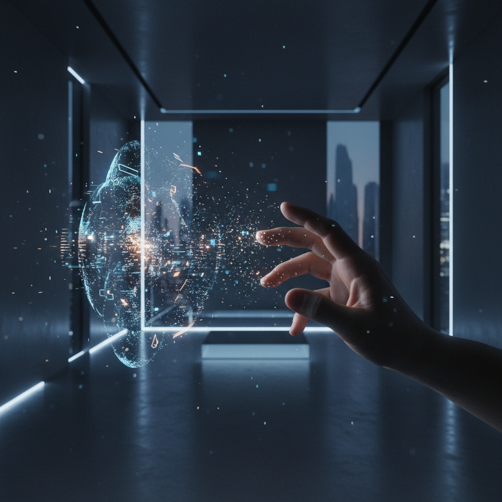 Mano humana interactuando con una interfaz holográfica digital en un entorno futurista.
