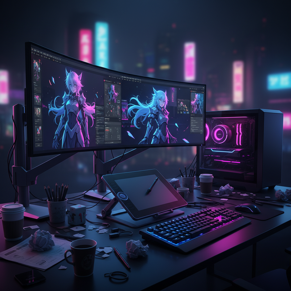 Escritorio de artista digital con monitor curvo, tableta gráfica, teclado iluminado y PC gamer en una habitación con iluminación de neón.