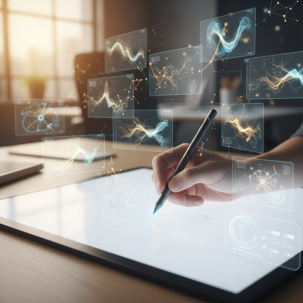 Mano utilizando un lápiz digital sobre una tableta interactiva rodeada de interfaces holográficas con gráficos de datos complejos.