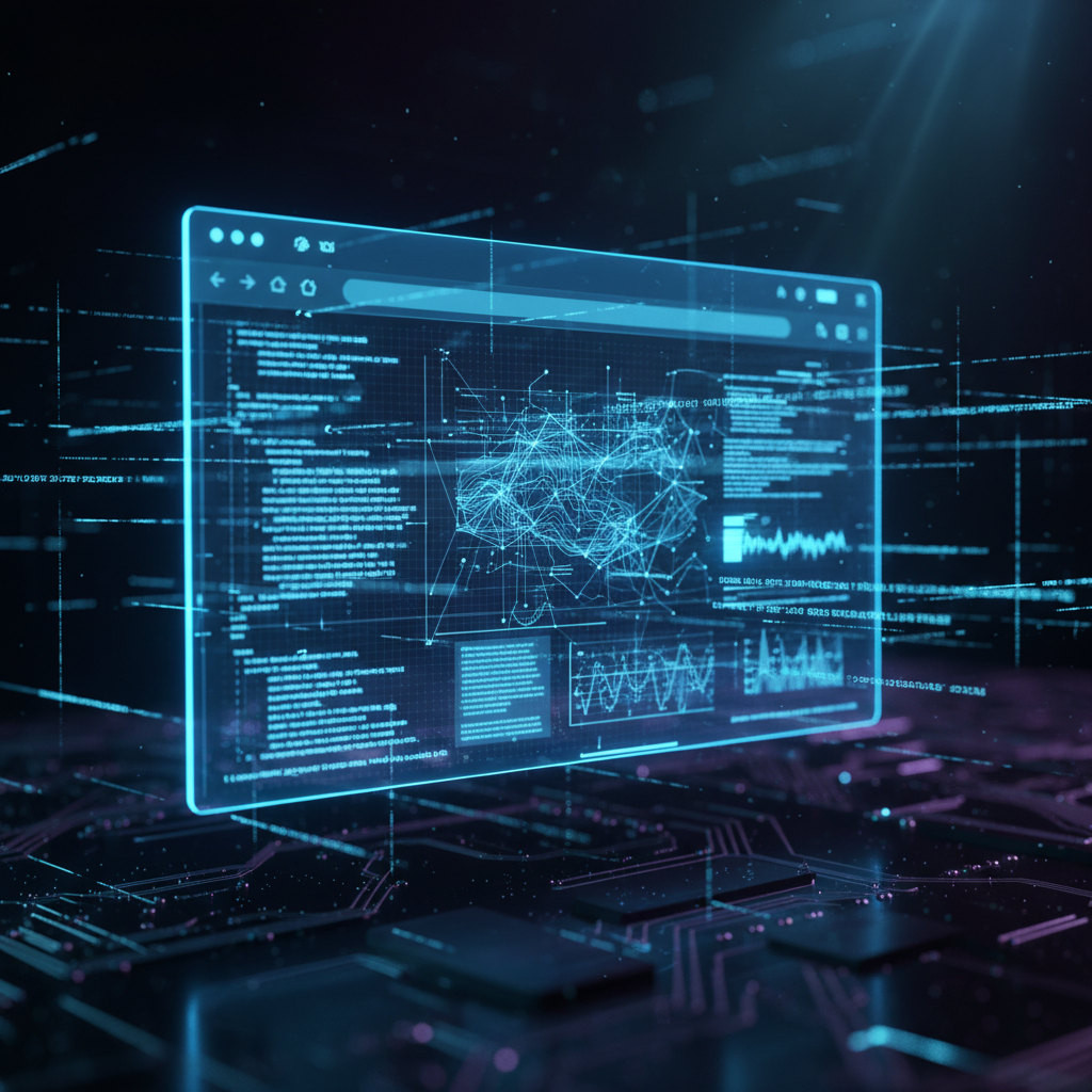 Pantalla holográfica azul mostrando líneas de código, gráficos de datos y una estructura de red neuronal sobre una placa de circuito impreso.