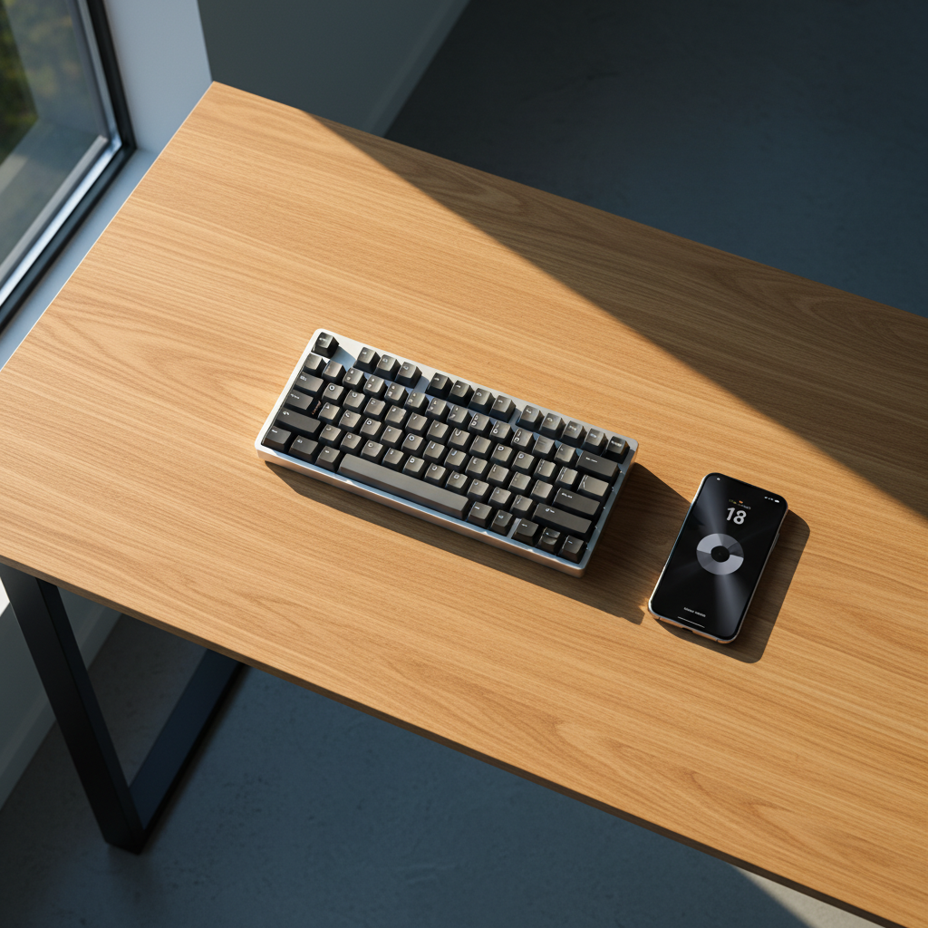 Teclado mecánico compacto de color gris oscuro sobre un escritorio de madera clara junto a un teléfono móvil.