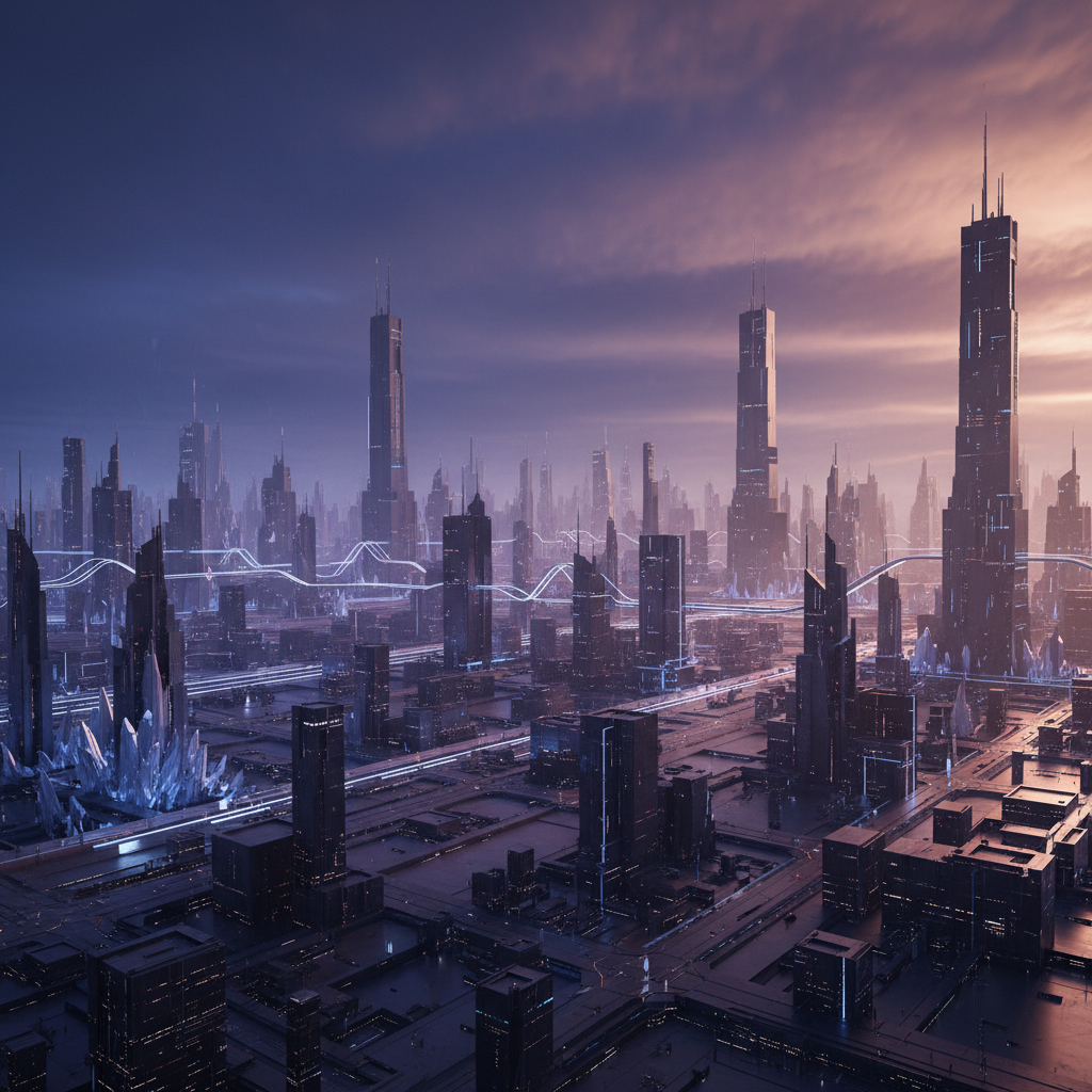 Paisaje urbano futurista con rascacielos oscuros, estructuras de cristal iluminadas y líneas de luz sobre una ciudad tecnológica al atardecer.