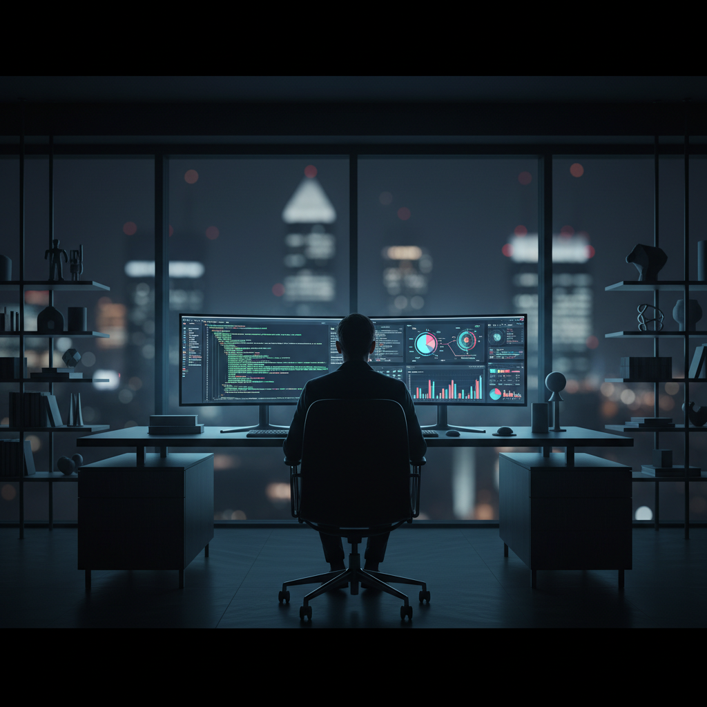Desarrollador trabajando frente a monitores con código y gráficos financieros en una oficina nocturna con vistas a la ciudad.