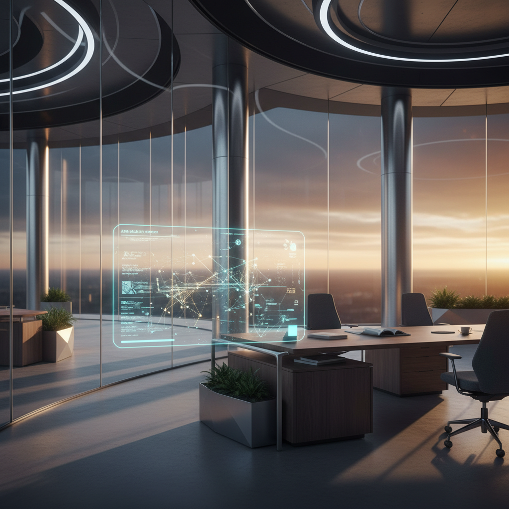 Oficina moderna con paredes de cristal y una interfaz holográfica interactiva de datos sobre un escritorio.