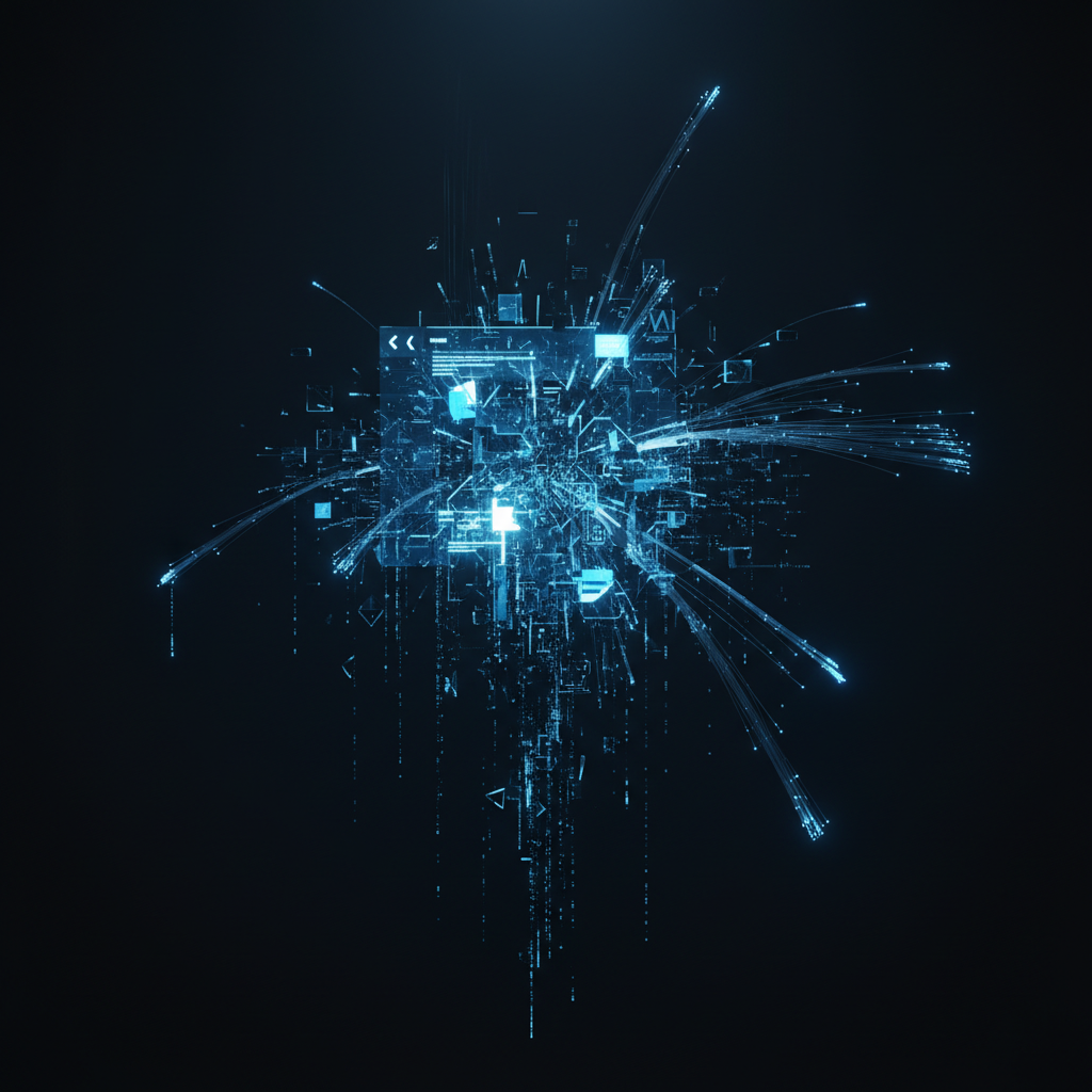 Abstracción digital de datos en forma de núcleo luminoso con fragmentos de interfaz, líneas de conexión y partículas brillantes sobre fondo oscuro.