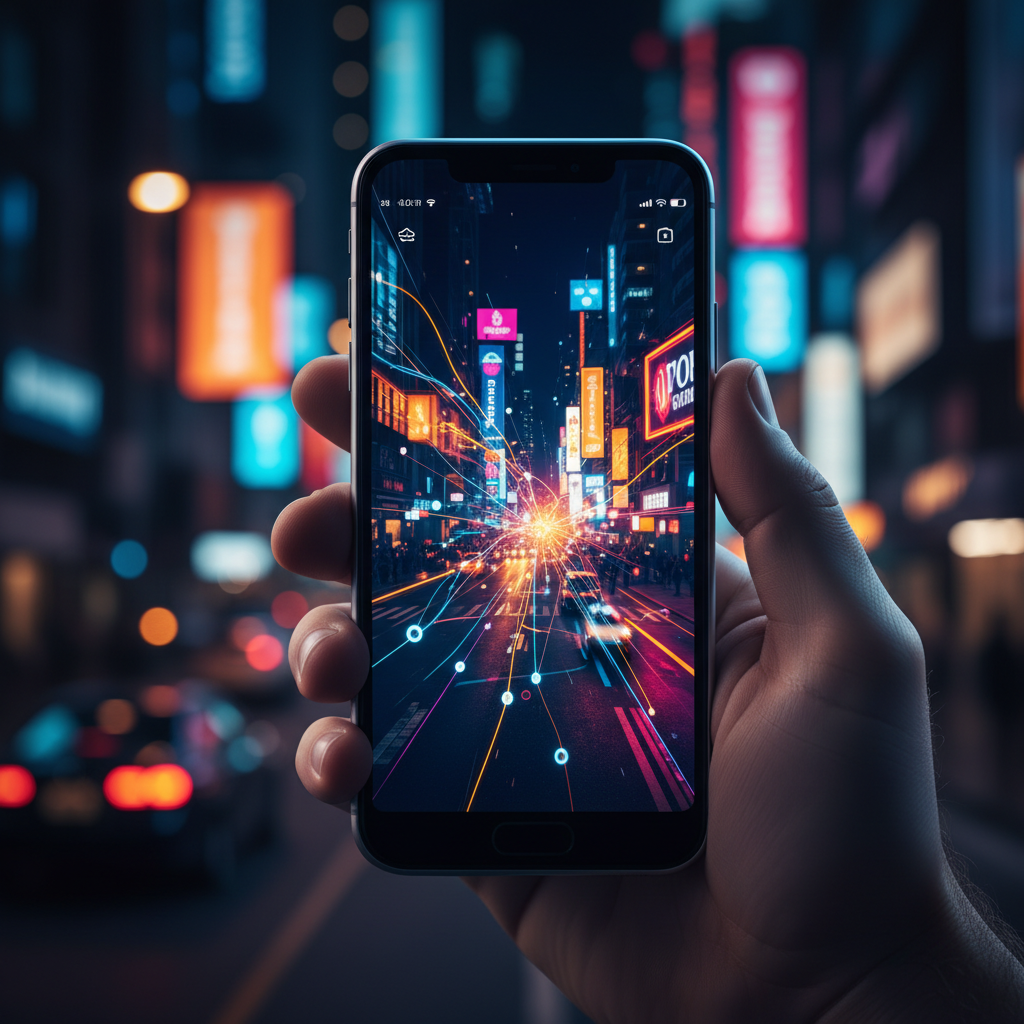 Mano sosteniendo un teléfono inteligente que muestra un fondo de pantalla con luces urbanas y conexiones digitales.