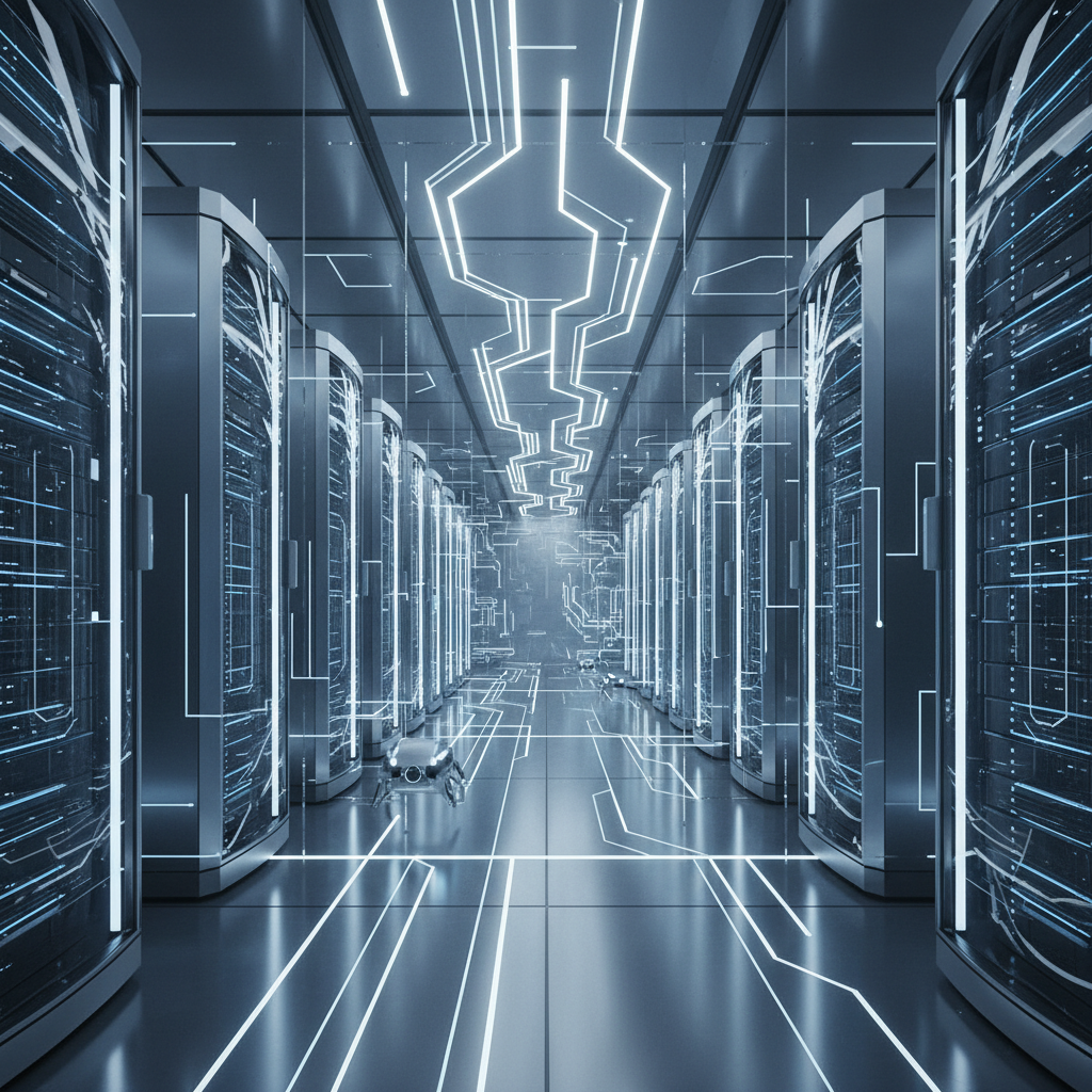 Un pasillo central en un centro de datos futurista con servidores, luces de neón y un pequeño robot explorando el suelo.