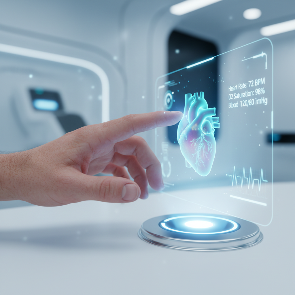 Mano humana interactuando con una interfaz holográfica que muestra un modelo 3D del corazón y datos médicos de constantes vitales.
