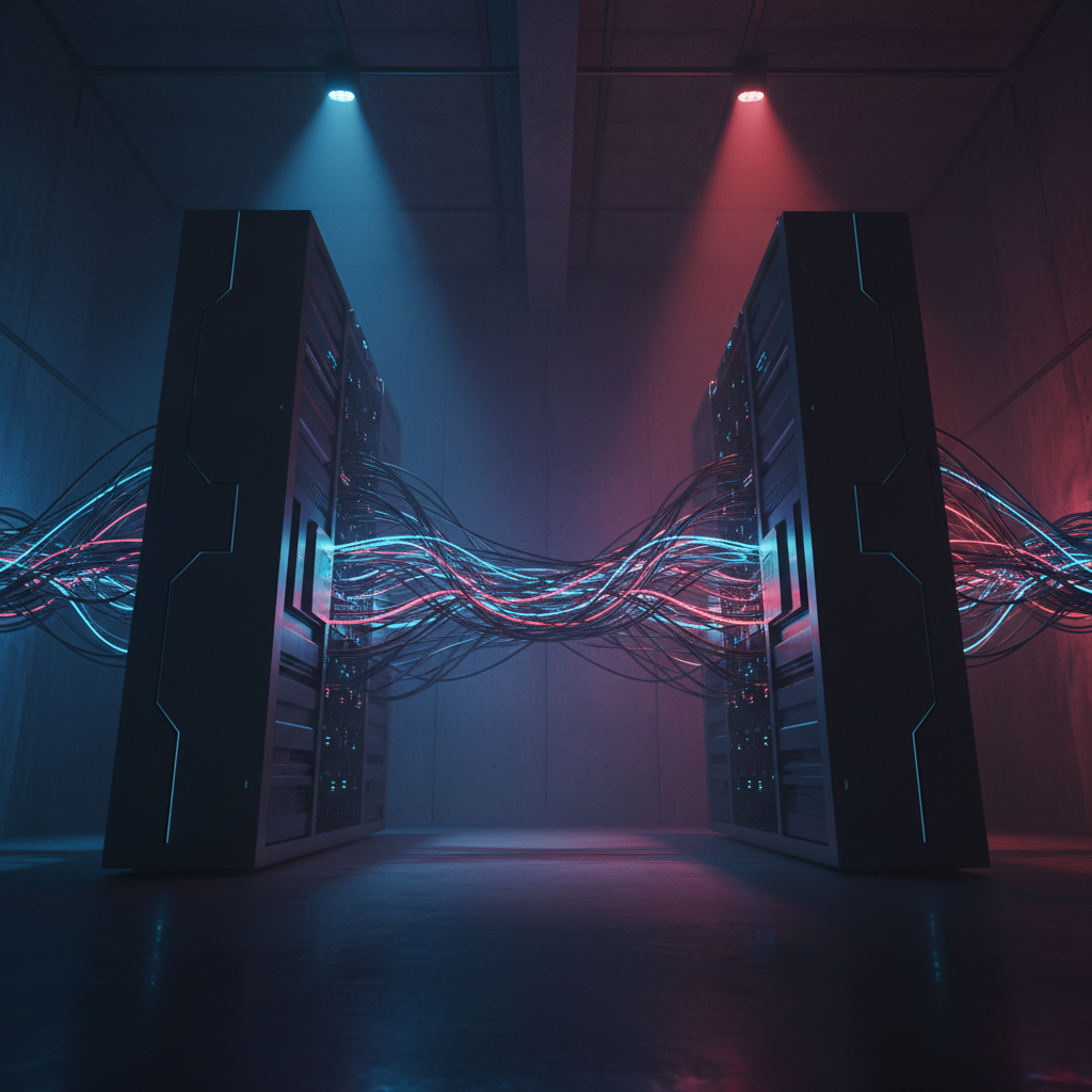 Dos servidores informáticos conectados entre sí por cables con luces brillantes azules y rojas en una sala técnica oscura.