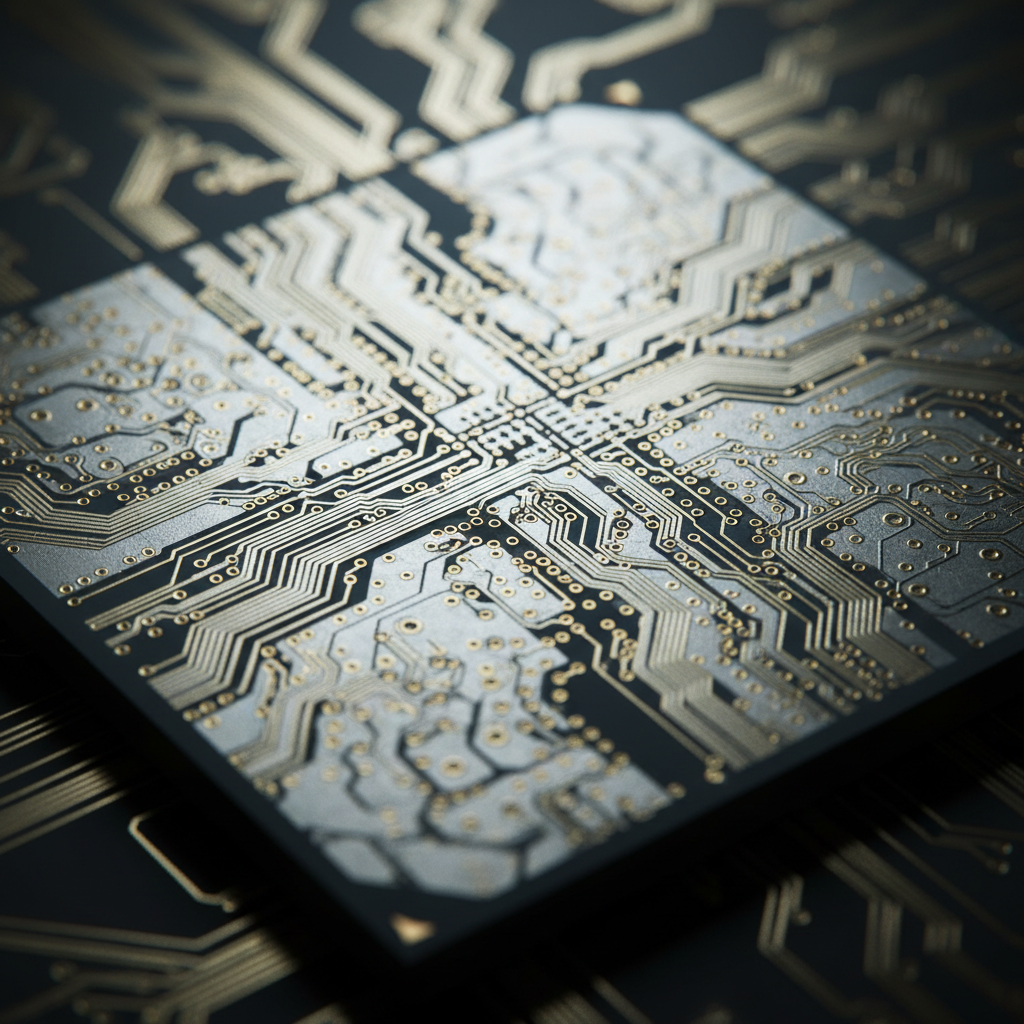 Primer plano detallado de la superficie de un microchip con circuitos integrados y pistas de cobre sobre un fondo oscuro.